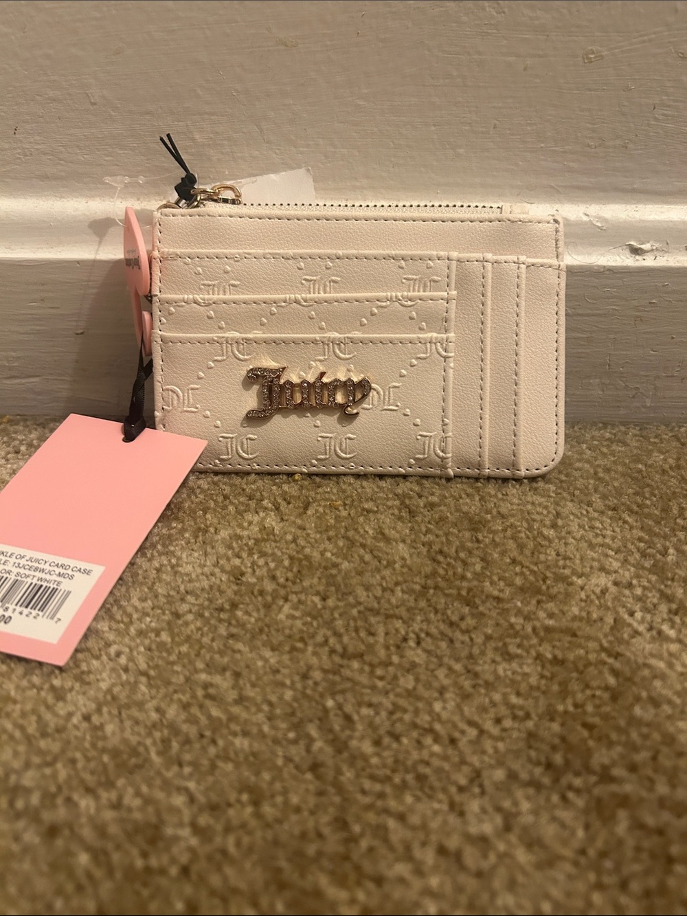 Juicy Couture Cream Embossed Zip Card Case with Gold Logo